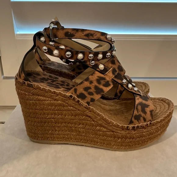 Jimmy Choo DANICA 110 Leopard Print Suede w/ Pearls and Studs Wedges 38